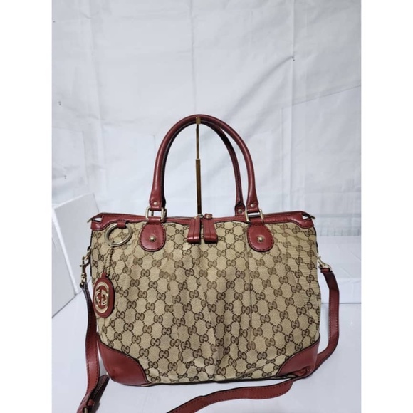 Authentic Gucci GG Canvas Sukey Medium Satchel Bag Burgundy/Beige - Picture 1 of 15